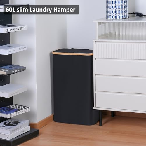 60L Slim Laundry Hamper,Laundry Basket with Lid,Tall Hamper for Laundry,Dirty Cloth Hamper with Bamboo Handle for Toys,Towels, Clothes Organizing,Black - color: Black, size: 60L Slim