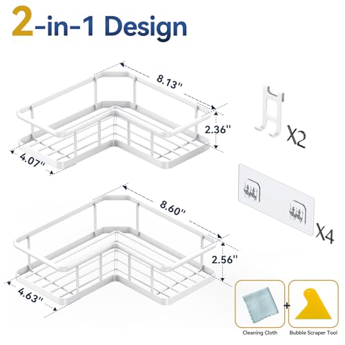 YASONIC Shower Caddy Corner, 2-Pack Adhesive Rustproof Stainless Steel Shower Shelves with Soap Holder, No Drilling Shower Organizer Corner for Dorm, Renters Bathroom White - color: White, size: 2Pack