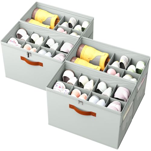 4 Pack Shoe Organizer for Closet,Foldable Shoe Storage Organizer with Adjustable Dividers, Shoe Storage Box with Clear Cover, Fits up to 32 Pairs, Gray - color: Gray, size: 4 Pack