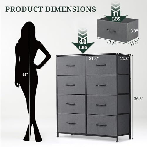 8-Drawer Dresser for Bedroom, Anti-Tip Tall Storage Organizer Chest of Drawers with Wooden Top and Metal Frame Fabric Bins for Closet, Living Room, Hallway, Entryway, Gray - color: Grey, size: 11.8"D x 31.4"W x 36.3"H (8 Drawers)