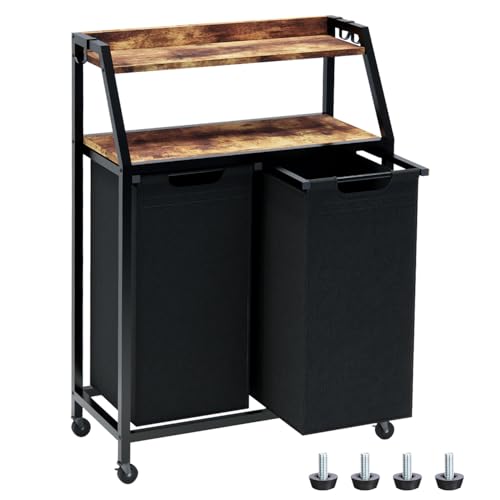 Timberer Laundry Hamper, Laundry Sorter 2 Section, Rolling Laundry Basket with Wheels, 2 Shelves, 2 × 14.5 Gal, Pull-Out and Removable Oxford Fabric Bags, for Laundry Room,Black and Rustic Brown - color: Black + Rustic Brown, size: 2 Bags (27.5"L x 12.9"W