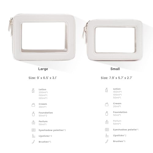 Aveniee Clear Makeup Bag Organizer Set,Portable Travel Toiletry Case for Women, Vegan Leather Cosmetic Pouch Car Bag for Essentials 2pcs,Middle & Large,Beige - color: Off-White, style: Double Style