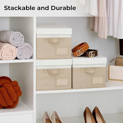 GRANNY SAYS Storage Basket with Lid, Linen Fabric Storage Bins with Label, Decorative Storage Boxes, Clothes Storage and Organization, Memory Keepsake Box, 3-Pack, Medium, Khaki&Ivory - color: White&Khaki, size: Medium