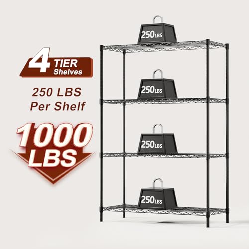 BestOffice | 4-Tier Wire Storage Shelves | 36x14x54 | Black | with Adjustable Racks | Heavy-Duty Metal Shelf, Holds Upto 1000 lbs | No-Tool Assembly | Ideal for Home & Garage Shelving - color: Black, size: 36"D x 14"W x 54"H