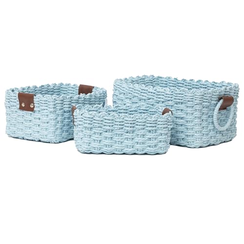 Small baskets for Organizing,Cute woven Storage basket with recycled paper rope for Shelves Bathroom,Little decorative basket,Set of 3 (Sky-Blue) - color: Sky-Blue