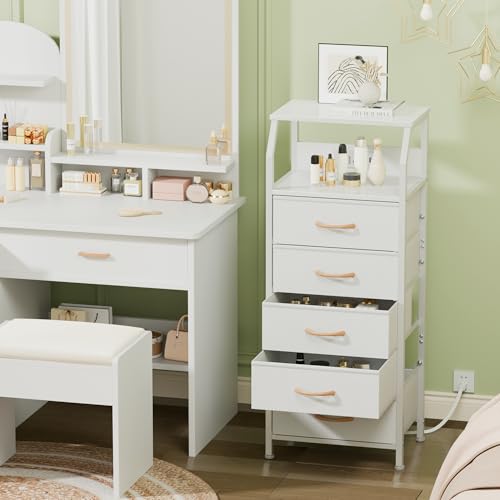 Furnulem 5 Drawers Dresser with Charging Station, Tall Night Stand with Open Shelf, Storage Tower with PVC & Fabric Drawer, Bedside Table for Bedroom, Closet, Entryway, 3 Ways to Use, White - color: White, size: 5 Drawer