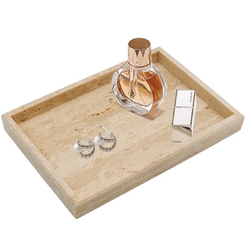 Real Natural Travertine Tray for Bathroom, Vanity, Kitchen and Desktop, Rectangle Genuine Travertine Stone Tray for Jewelry, Cosmetics, Candles, Lotion, Perfume and Home Decor - color: Travertine, size: 12" x 8" x 1.2"