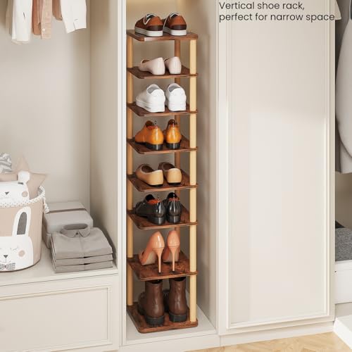 LUCKNOCK Vertical Shoe Rack, 8-Tier Tall Narrow Shoe Organizer for Entryway, Closet, Dorm & Small Spaces, Freestanding Wooden Shoe Shelf Tower for Boots, Sneakers, Heels. (Rustic Brown) - color: Rustic Brown