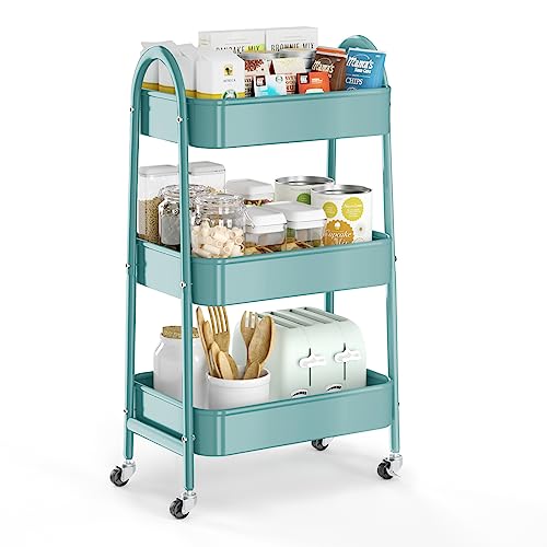 EAGMAK 3 Tier Utility Rolling Cart, Metal Storage Cart with Handle and Lockable Wheels, Multifunctional Storage Organizer Trolley with Mesh Baskets for Kitchen, Living Room, Office, Garage (Green) - color: Green, size: Normal