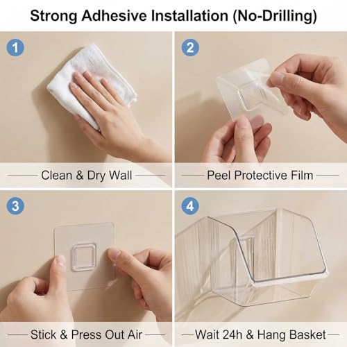 3 Pack Clear Plastic Wall Mount Storage Bins, Kitchen Pantry Cabinet Organizer Containers,Storage Caddy No Drilling Hang Walls/Doors for Kitchen, Bathroom, Bedroom, Office