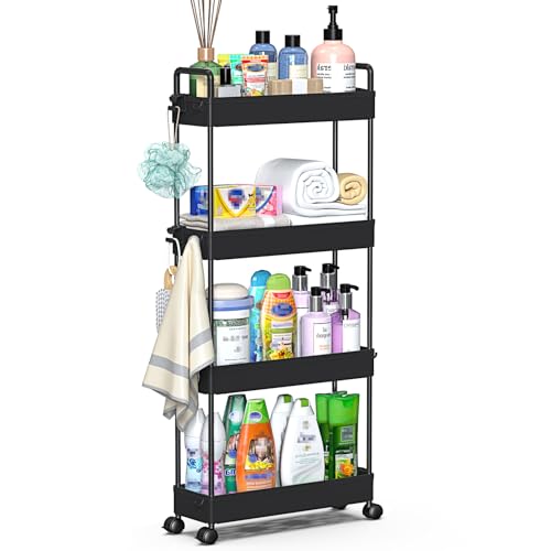 SOLEJAZZ Slim Rolling Storage Cart with Wheels 4 Tier Skinny Bathroom Storage Organizer Narrow Shelf Unit Thin Laundry Room Utility Cart for Bedside Kitchen Office Next to Fridge Small Places, Black - color: Black, size: 4-Tier, 4.76"D