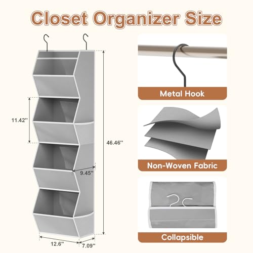 Hanging Closet Organizer 4 Shelf Collapsible Bedroom Closet Organizers and Storage Hanging with Mesh Pockets for Clothes, Fabric Hanging Storage Bins for Wardrobe Closet Organization and Storage, Grey - color: Grey-1 Pack, size: 4-shelf