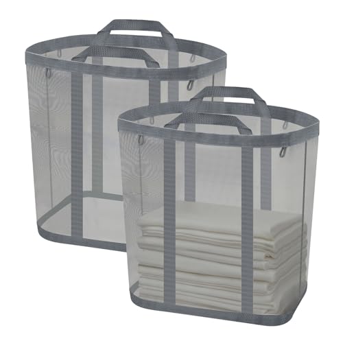 Mesh Laundry Basket, Hanging Laundry Hamper for Wall Door with Handles, Breathable Foldable Beach Bag Space-saving Travel Tote (2Pack, Grey) - color: Grey
