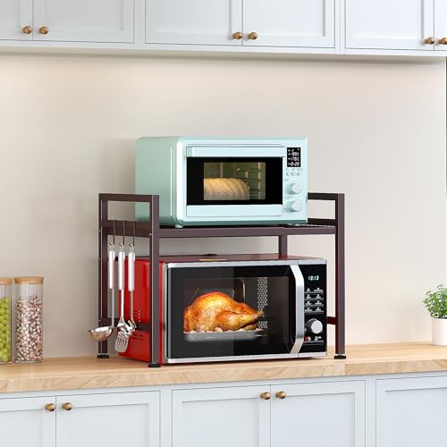 PUSDON Expandable Microwave Oven Rack, 2-Tier Countertop Baker's Rack Style Shelf, Heavy Duty Stand with 3 Hooks, 160lbs Capacity Rustic Farmhouse Decor, Vintage Bronze - color: Vintage Bronze, size: H-frame 2 tier