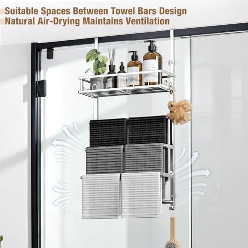 Aetyord Towel Racks for Bathroom Over The Door Towel Rack Towel Storage with Metal Shelf Basket and Hooks Silver - color: Silver-1
