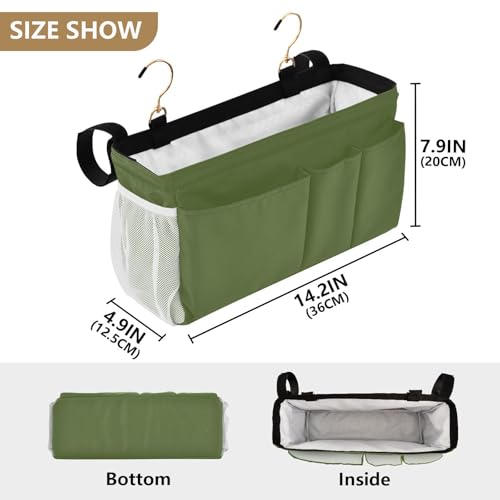 YETTASBIN Olive Green Bedside Caddy Hanging Storage Organizer Bag with 2 Straps & Hooks for Bunk Beds, College Dorm, Hospital Bed - Holder for Books, Phone, Magazine, Glasses, Keys