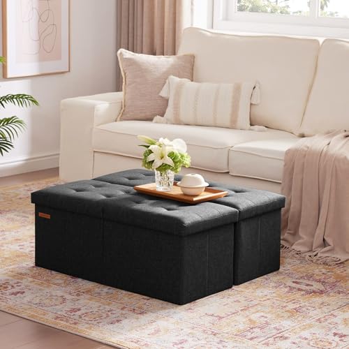HAUSFRAU 31.5 Inches Ottoman with Storage, Folding Ottoman Bench Small Foot Rest Stool, Bedroom Bench with Flipping Lid, Linen Black - color: Black, size: 13"D x 31.5"W x 13"H