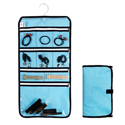 Travel Foldable Jewelry Rolls Bag Hanging Jewelry Organizer with 9 Zippered Clear Pockets Storage Pouch with Rotatable Hanger (BLUE) - color: BLUE
