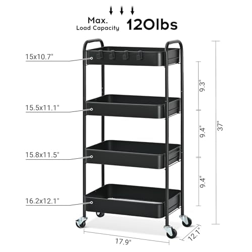 TOOLF 4-Tier Rolling Cart - Metal Storage Organizer with Lockable Wheels, 44 lbs Per Shelf Capacity, Tool-Free Assembly, for Kitchen Bathroom Office Laundry Room Nursery, Black - color: Black, size: 4-Tier