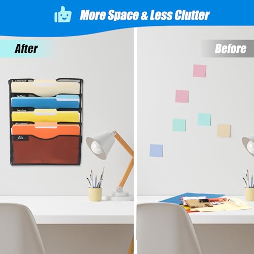 EASEPRES 5 Pocket Mesh Hanging Wall File Organizer with Hangers & Nametag Label, Wall Mounted Mail Paper Document Folder Holder, Clipboard Storage Organization Magazine Rack for Office Cubicle, Black - color: Black, size: 5 Tier & Hangers
