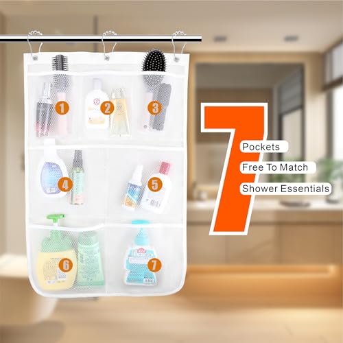 Mesh Shower Caddy Hanging, 7 Pockets Hanging Bathroom Organizer with Quick Dry Mesh, Portable, Can Store Soap, Loofah Shampoo and Cruise Ship Essentials, 17 Inch by 26 Inch, White, 2 Pack