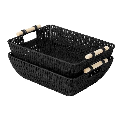 StorageWorks Large Wicker Storage Basket for Organizing, Toilet Paper Baskets for Shelf, Paper Rope Storage Baskets with Wooden Handles, Black, 2-Pack - color: Black, size: Large