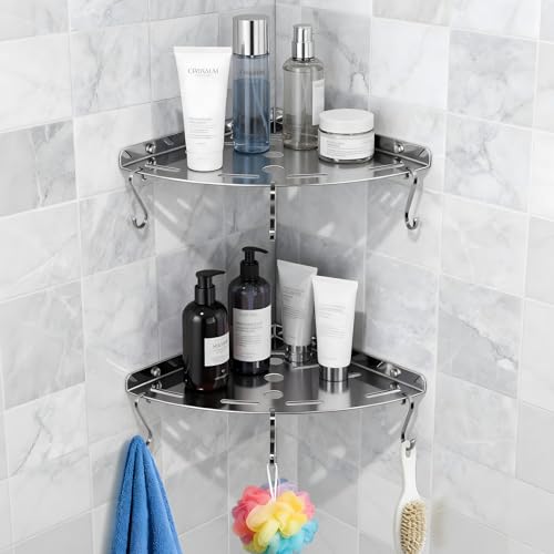 2 Pack Corner Shower Shelves, 304 Stainless Steel Corner Shelf Bathroom with 6 Hooks 40 lbs Heavy Duty, Durable for Inside Shower Brushed Nickel Drilling Installation (Silver) - color: Silver Thickness 2mm 2pcs