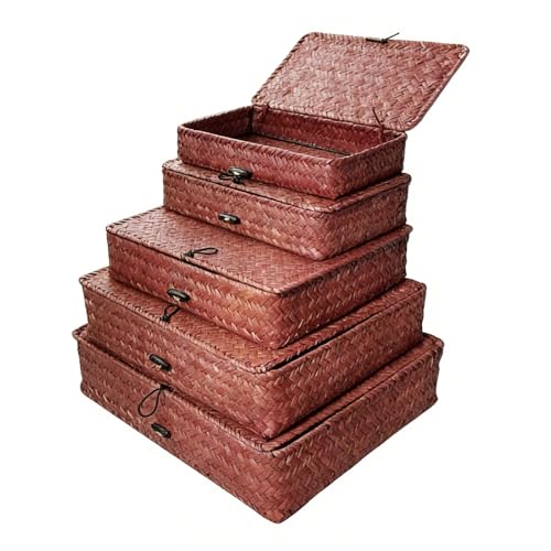 5 Pcs Seagrass Basket with Lid 5 Sizes Decorative Storage Boxes Rattan Wicker Storage Basket with Lids Woven Organizer Baskets Multipurpose Flat Storage Bins for Shelf Closet Bedroom (Dark Brown) - color: Dark Brown