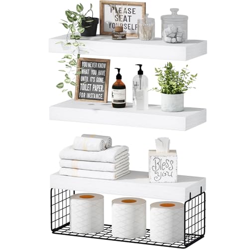QEEIG Bathroom Shelves Over Toilet - Wall Mounted Floating Shelves Toilet Paper Storage Small Farmhouse Decor Shelf 16 inch Set of 3, White and Black (019-WB3) - color: F. White & Black, size: 3pcs