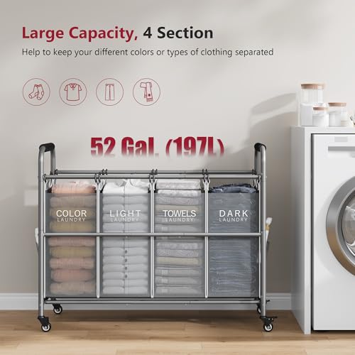 Tajsoon 4 Bag Laundry Sorter Cart, 4 Section Laundry Hamper Sorter with Heavy Duty Lockable Rolling Wheels, Laundry Separator Hamper with Removable Bags for Dirty Clothes Storage, Grey & White - color: GreyWhite
