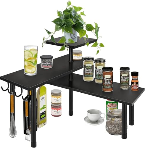 Homode Bathroom Counter Organizer Corner Shelf, Kitchen Countertop Organizer, 3 Tier Wood Counter Shelf Stand for Over The Sink, Coffee Station, Desktop, Black - color: Black, With Hooks
