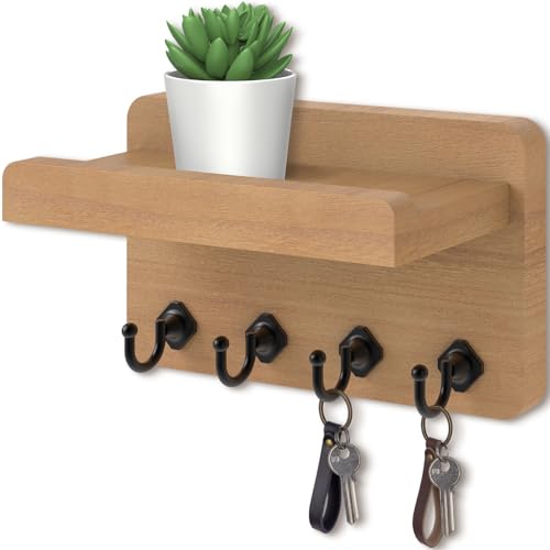 Nekon Key Holder Wall Mount, 8.5 Inch Small Home Decor Wooden Wall Organizer with 4 Hooks and Shelf, Key and Mail Holder for Living Room Entryway Kitchen (Wood) - color: Wood