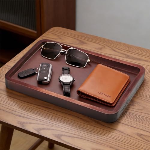 Wooden Valet Tray,Brown Wooden Catch All Tray with Leather Inlay Organizer ，Nightstand, Entryway Bedside Dump Holder, for Keys, Watches, Phones, Wallets Jewelry and More(H=1.2IN)