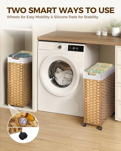 Greenstell Laundry Hamper with Wheels, 11.9 Gallon (45L) Small Clothes Hamper with 2 Removable Liner Bags & 2 Mesh Bags, Slim Rattan Laundry Basket for Bathroom, Bedroom, Natural - color: Natural, size: 45L (15.8 x 7.9 x 23.6 inches)