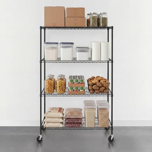 SafeRacks - NSF Certified Storage Shelves, Zinc, Heavy Duty Steel Wire Unit with Wheels and Adjustable Feet, Garage or Bakers Rack, Kitchen, Pantry Shelf - (24"x48"x72" 4-Tier) (Black) - color: Black, size: 24"x48"x72" 4-Tier