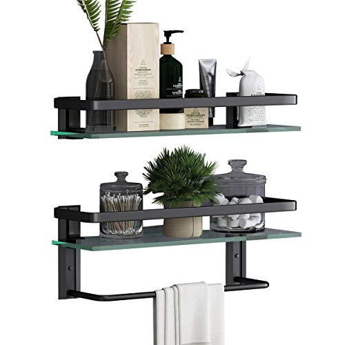 VOLPONE Glass Bathroom Shelf with Towel Bar 15.7in Bathroom Wall Shelves Rustproof Metal Bathroom Wall Organizer 2-Tier (Black) - style: 2 tier with towel bar black