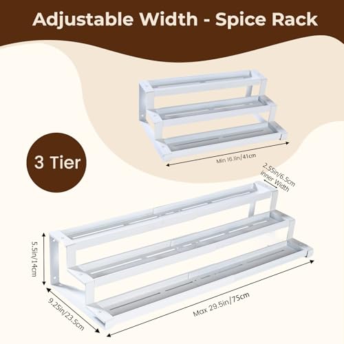 3-Tier Spice Rack Organizer for Kitchen Cabinet or Pantry, 16"-29" Expandable Spice Organization Shelf, Seasoning Organizer, Metal Display Shelf, Slip-Resistant Design for Jars and Bottles, White - size: Small-White- Fits 9.25" Deep Cabinet
