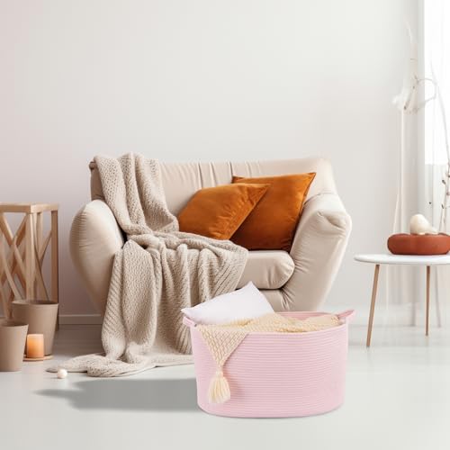 XUANGUO Large Rectangle Blankets Baskets 22"x17"x12" Toy Basket for Kids Woven Cotton Rope Storage Basket for Nursery - Wicker Laundry Baskets for Clothes Towels - Ideal for Living Room Storage pink - color: Pink