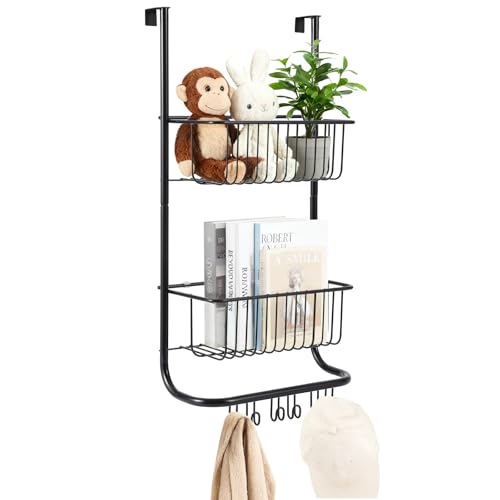 Garvee Over The Door Organizer, 2-Tier Metal Shower Caddy with 6 Hooks, Adjustable Hanging Storage for Bathroom, Bedroom, Pantry & Closet, Space Saving Solution, 11.8"x5.1"x24.2" - color: black