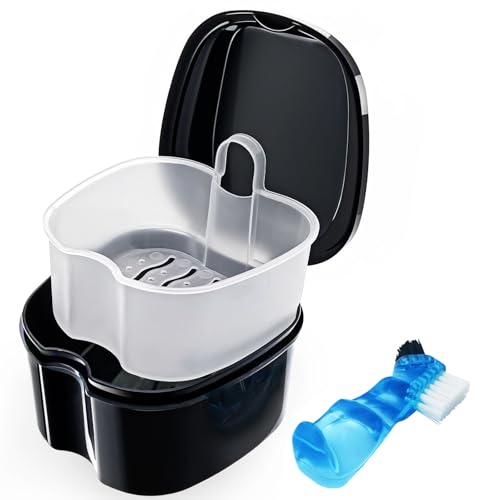 Black Denture Soaking Container Partial Denture Case, Orthodontic Retainer Cleaning Case Denture Cleaner Container Dentures Teeth Cup with Strainer and Lid Waterproof - color: Black