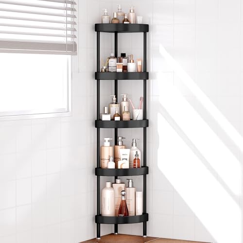 Nieifi Corner Shower Caddy Stand-5 Tier Rustproof Anodized Aluminum Standing Shower Organizer-Shower Caddy Corner-Dual Stability to Anti-Shaking-Height-Adjustable Legs for Uneven Surfaces-Black - color: Black, size: 5-Tier