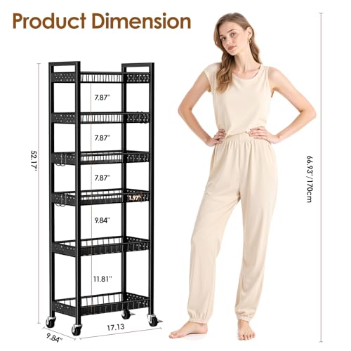 6 Tier Slim Storage Cart, Narrow Rolling Cart with Wheels, Narrow Mobile Utility Shelf Unit Organizer for Kitchen, Bathroom, Laundry Room, Living Room, Small Places, 10in(W), Black - color: Black, size: 6 Tier(10 Inches)