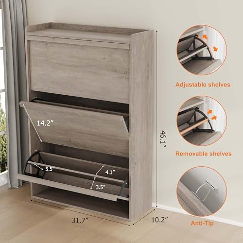 GarveeHome Shoe Cabinet with 3 Flip Drawers, Wooden Shoe Organizer Cabinet with Adjustable Shelf, Shoe Storage for Entryway, Hidden Shoe Cabinet for Hallway, Living Room, Grey - color: Grey, size: 3-Drawers