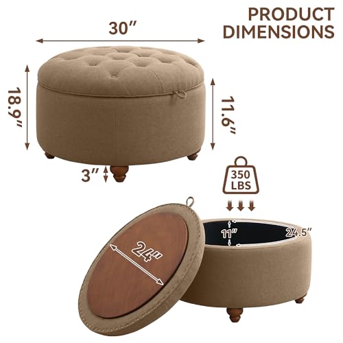 WUTUTUEE 30Inch Round Storage Ottoman with Tray, Modern Tufted Fabric Circle Coffee Table with Storage, Upholstered Ottoman with Removable Top for Living Room, Bedroom, Brown - color: Brown, size: 30 Inch