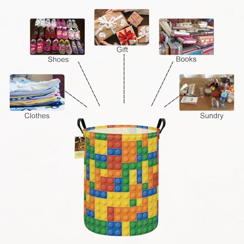 Collapsible Fabric Storage Basket, Waterproof Laundry Hamper with Handles, Round Storage Bin for Clothes Toys, Foldable Organizer for Bedroom Nursery Bathroom(Round-Colorful Blocks) - color: Round-Colorful Blocks