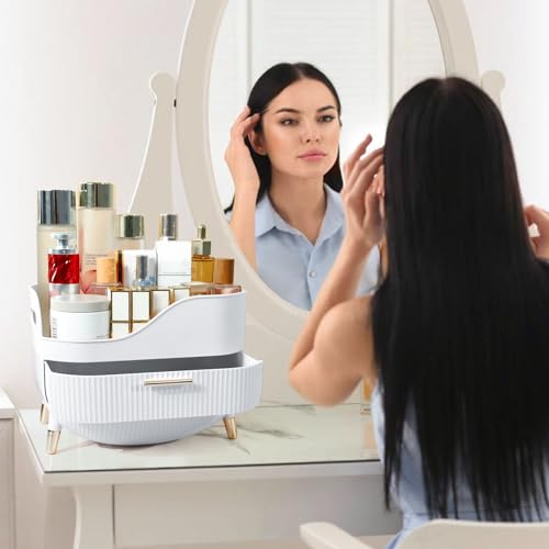 Makeup Organizer for Vanity, Large Capacity Skincare Cosmetic Organizer Countertop with 2 Drawers, Cosmetic Display Cases Makeup Storage Box for Bedroom, Bathroom, Ideal Gifts for Women(White) - color: White2