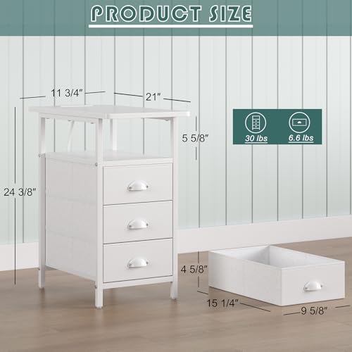 sthmec End Table with Charging Station,LED Side Tables with USB Ports and Outlets,Narrow Nightstands Bedside Tables with 3 Drawers PU Finish for Small Space,Slim Sofa Table for Livingroom,White - color: White, size: 11.75'' W*21'' D* 24.3'' H, style: Powe