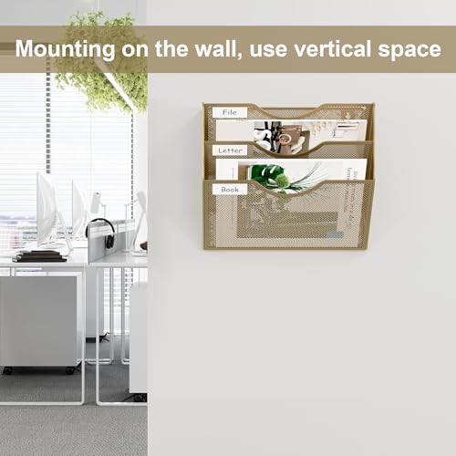 EasyPAG 3 Pocket Mesh Wall File Organizer, Hanging Paper Folder Holder with Classify Label, Vertical Wall Mount Mail Organizer for Office Home Classroom, Gold - color: Gold, size: 3 Tier