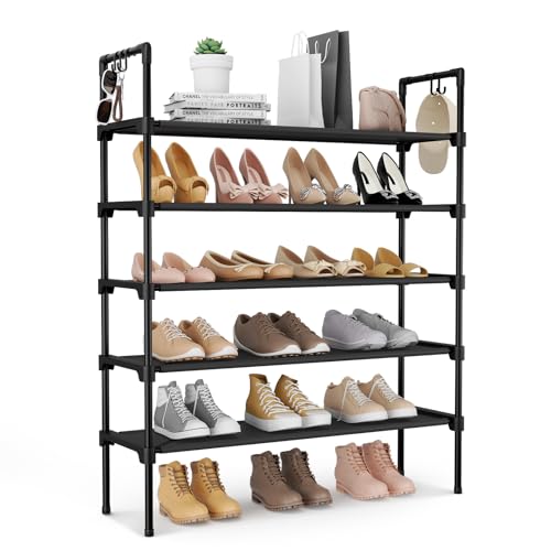 LANTEFUL 5 Tier Shoe Rack for Closet Shoe Organizer with 5 Hooks, Long Shoe Shelf Storage for Shoe and Boot Stackable Free Standing Shoe Rack for Entryway, Garage, Small Spaces, Dorm, Black - color: Black, size: 27.8"W - 5 Tier