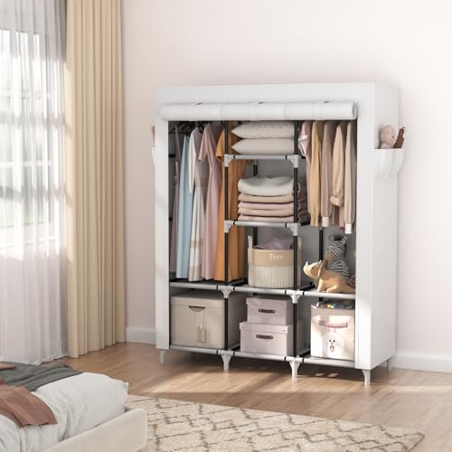 VTRIN Portable Closet Wardrobe for Hanging Clothes with 2 Hanging Rods and 8 Storage Organizer Shelves,Sturdy Large Wardrobe Closet for Bedroom Free Standing Clothes Rack with Cover,White - color: White, size: 3 Row - 49'' Wide